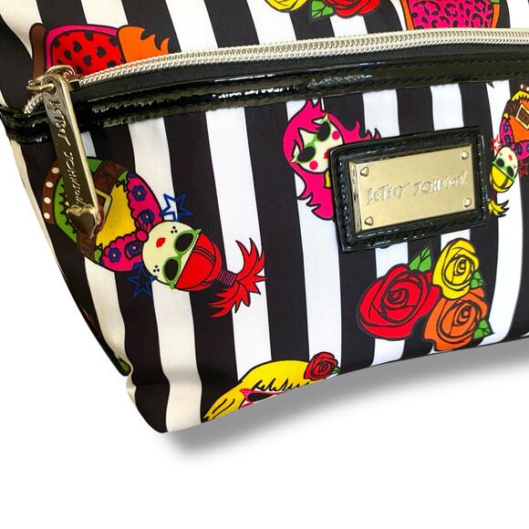 Betsy Johnson Cosmetic Pouch Bag Black Stripe Nesting Doll Print Medium Zip Top - Picture 6 of 12